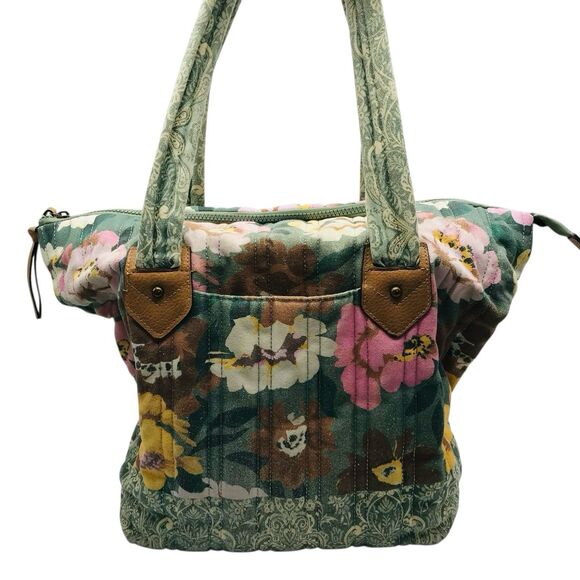 Pioneer Woman Aubrey Quilted Print Tote Floral Green Faded Denim w Zipper Large - Picture 4 of 15